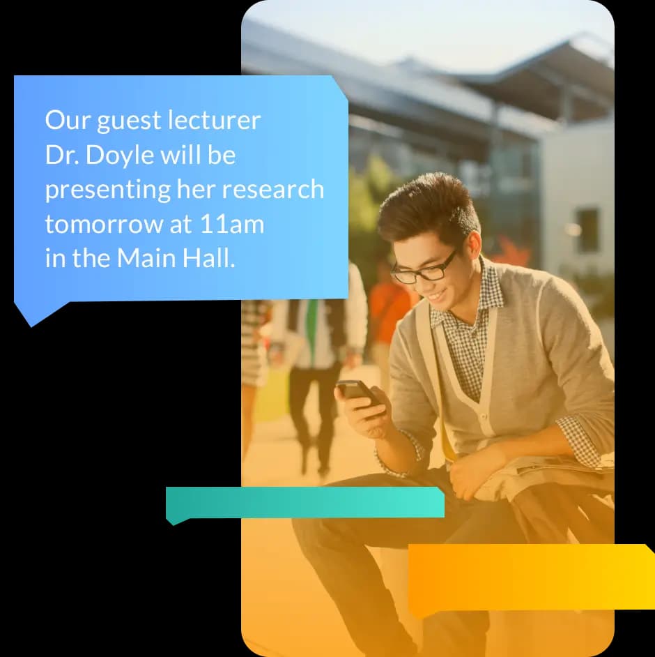 WhatsApp education message preview- fee reminder with Pay Now button, exam admit card, and parent communication
