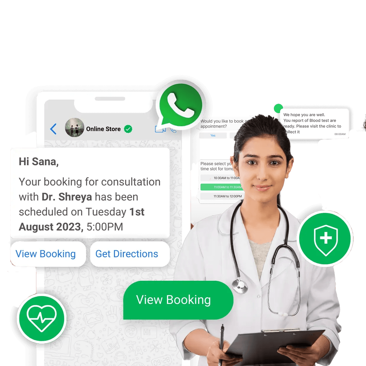 WhatsApp healthcare message preview- appointment reminder with confirm, reschedule buttons and lab report notification
