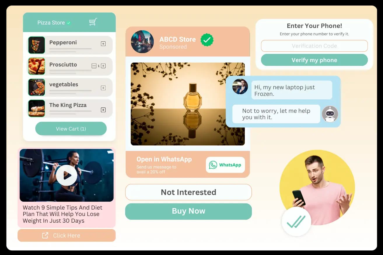 WhatsApp Business API broadcast and catalog messages shown on a phone