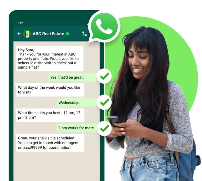 WhatsApp site visit booking preview- slot selection, confirmation, and reminder with Google Maps link